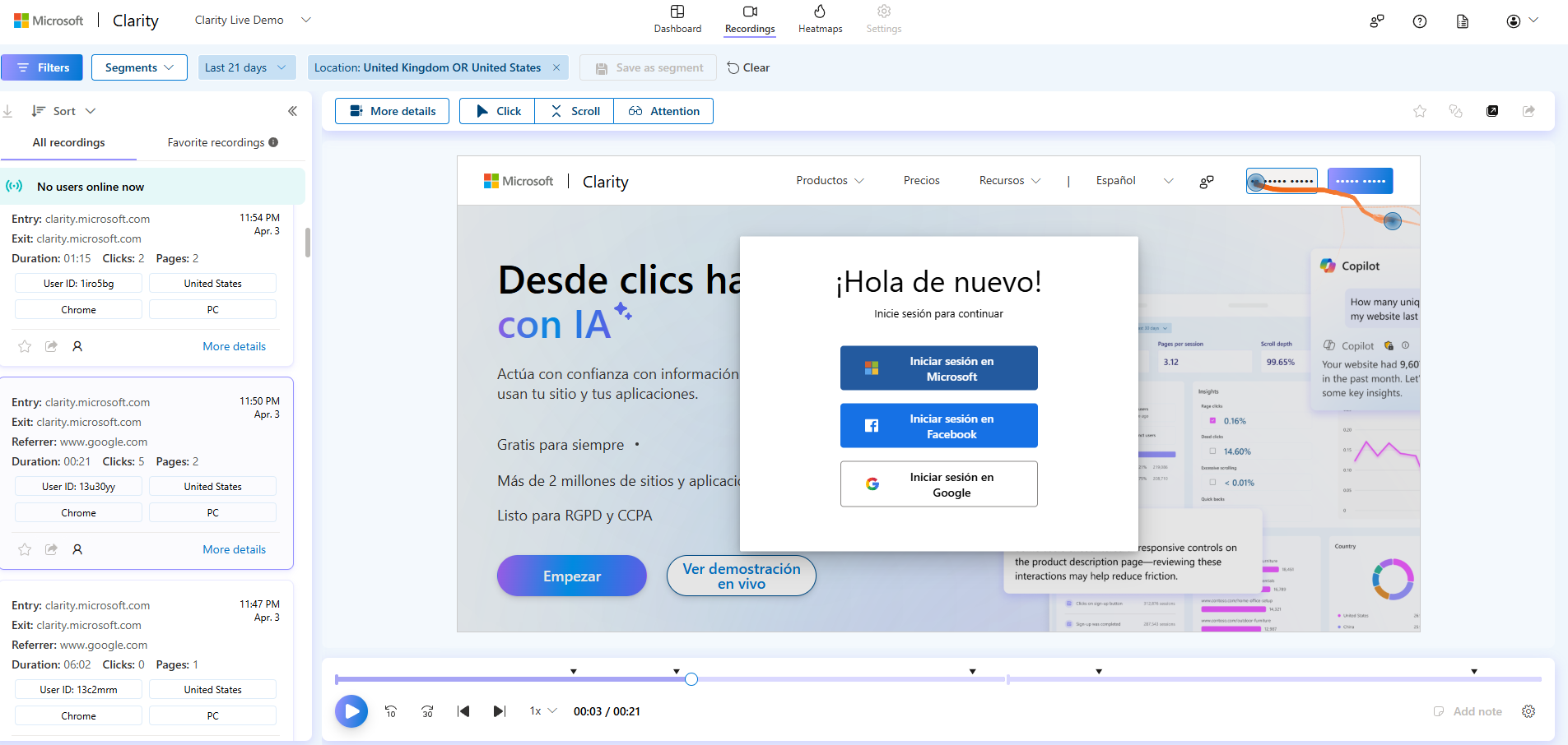 Microsoft Clarity recordings list showing session playback with a login popup visible.