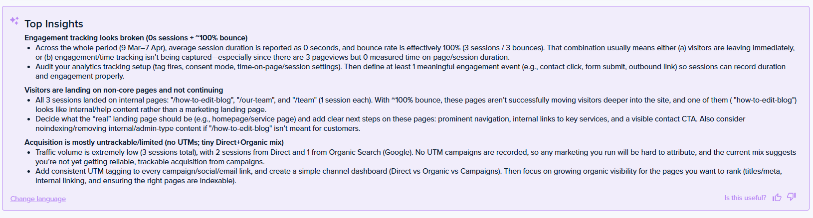 Microsoft Clarity AI-generated top insights panel with engagement, visitor, and acquisition recommendations.
