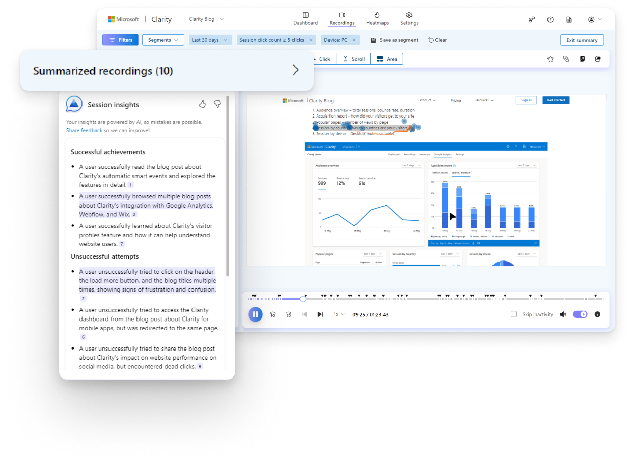 Microsoft Clarity AI-summarized session recordings with user success and failure highlights.