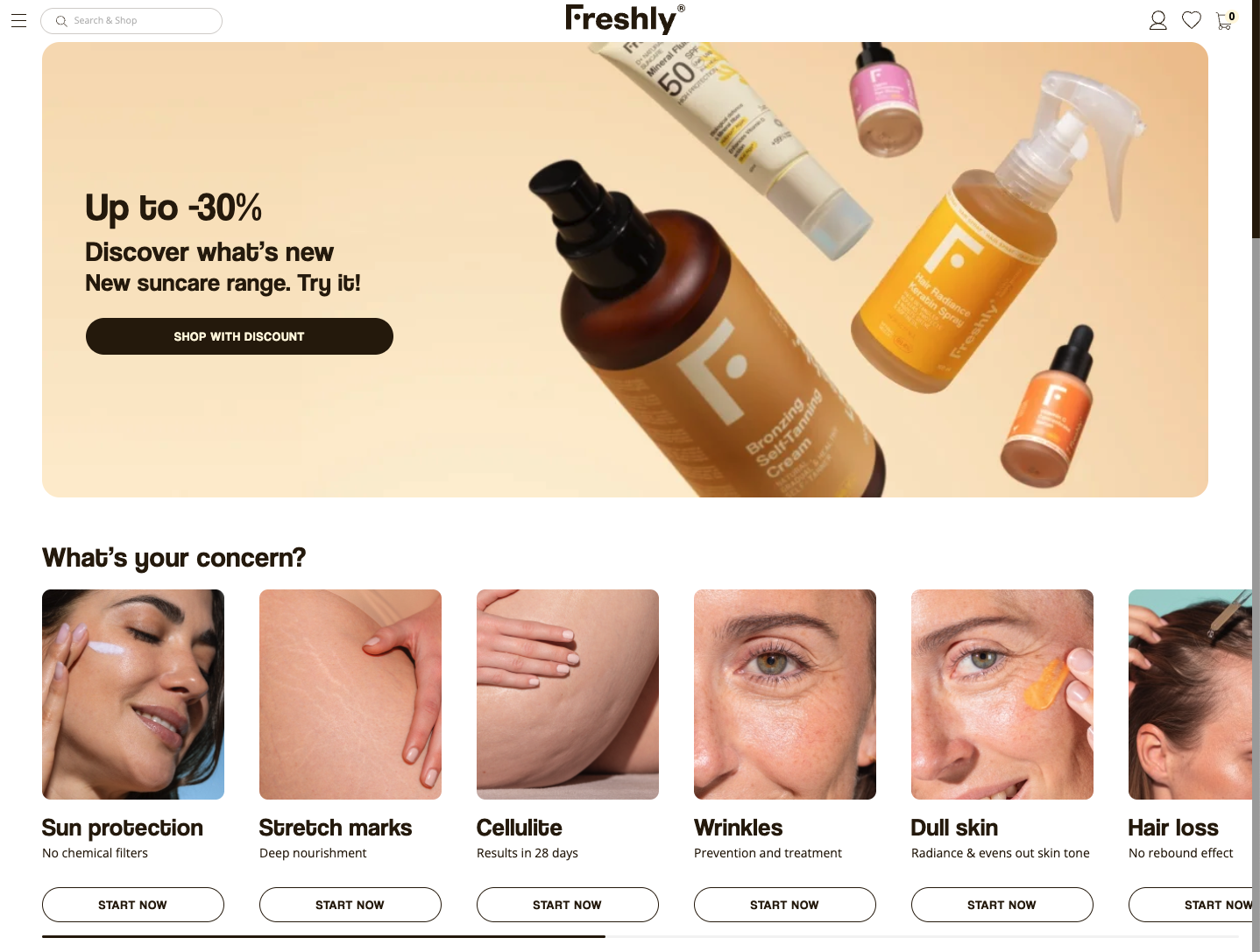 Freshly cosmetics website homepage featuring a hero banner.