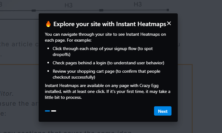 Instant Heatmaps onboarding tooltip explaining how to navigate and analyze pages.
