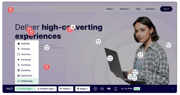 VWO Frictionmap dropdown menu listing heatmap types like clickmap, scrollmap, and hovermap.