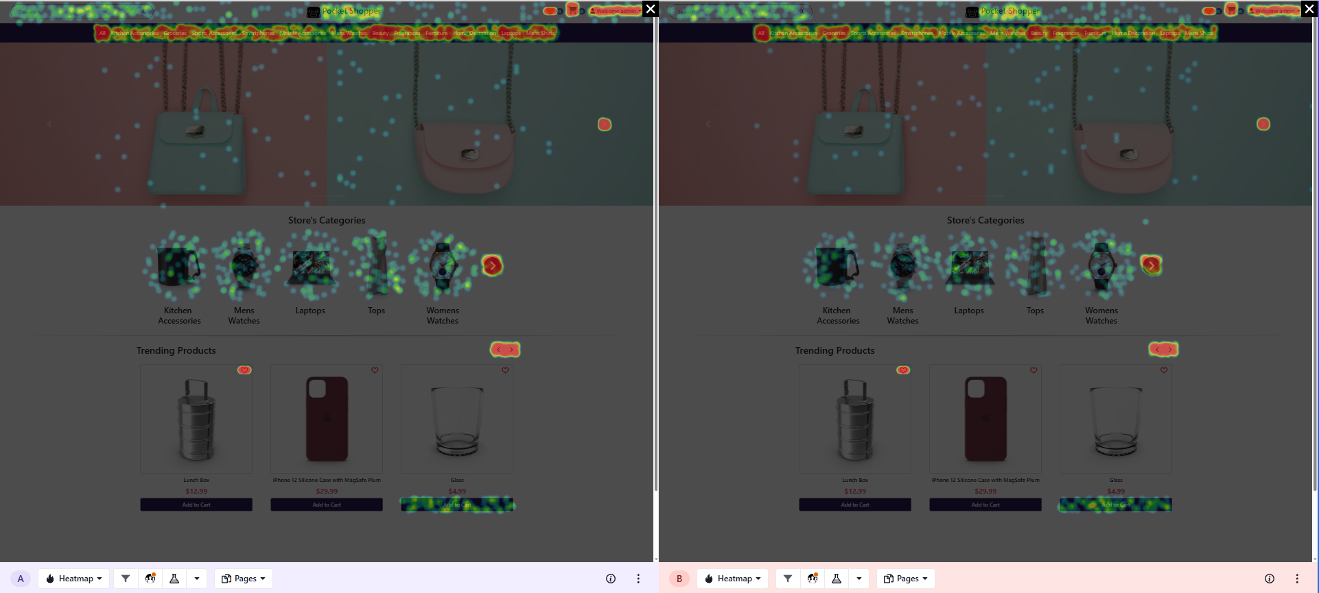 Side-by-side heatmap comparison of two ecommerce webpage variations.