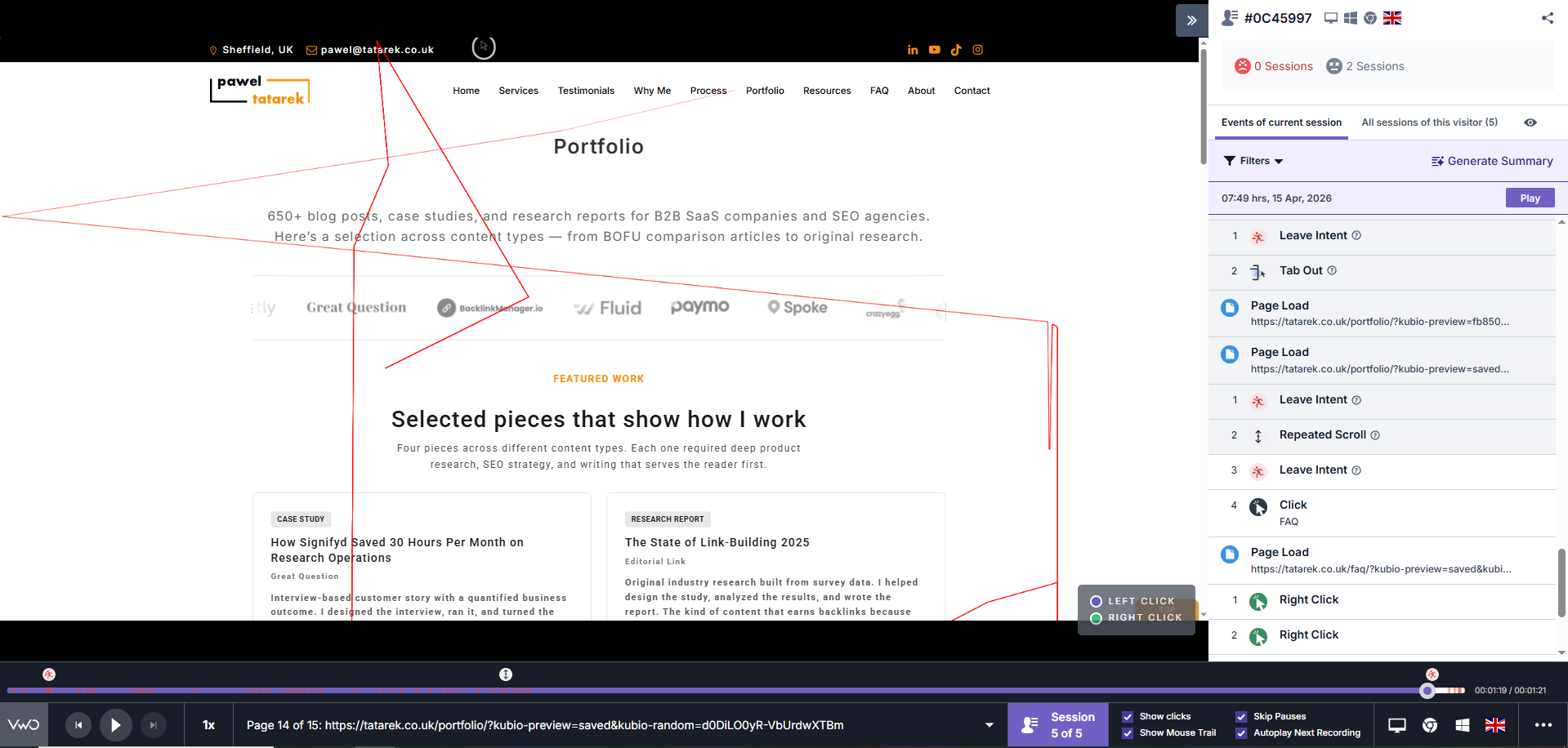 Session replay recording of a portfolio webpage with an event log sidebar tracking user clicks and scrolls.