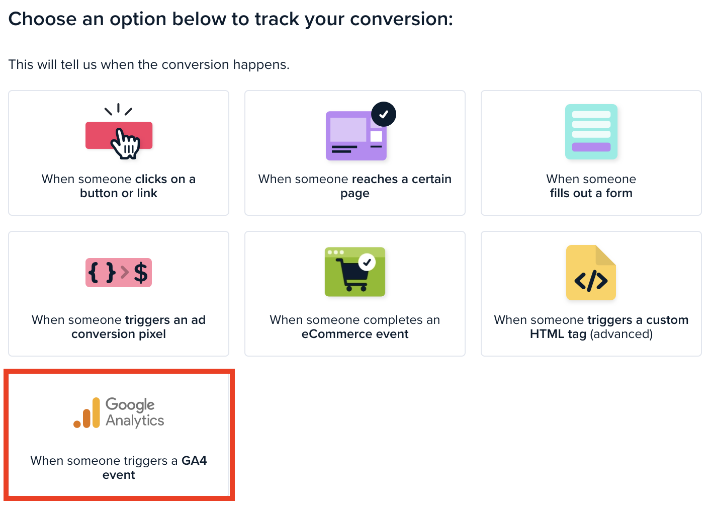 Screenshot Crazy Egg's Conversions feature, providing the option to track "key events" from Google Analytics 4.