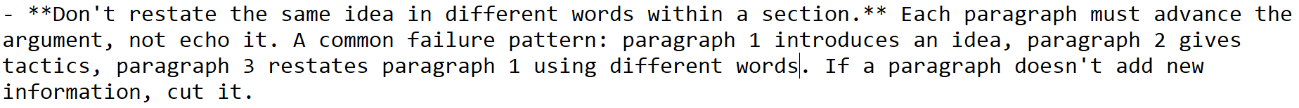 Writing rule reminding authors not to restate the same idea across paragraphs.
