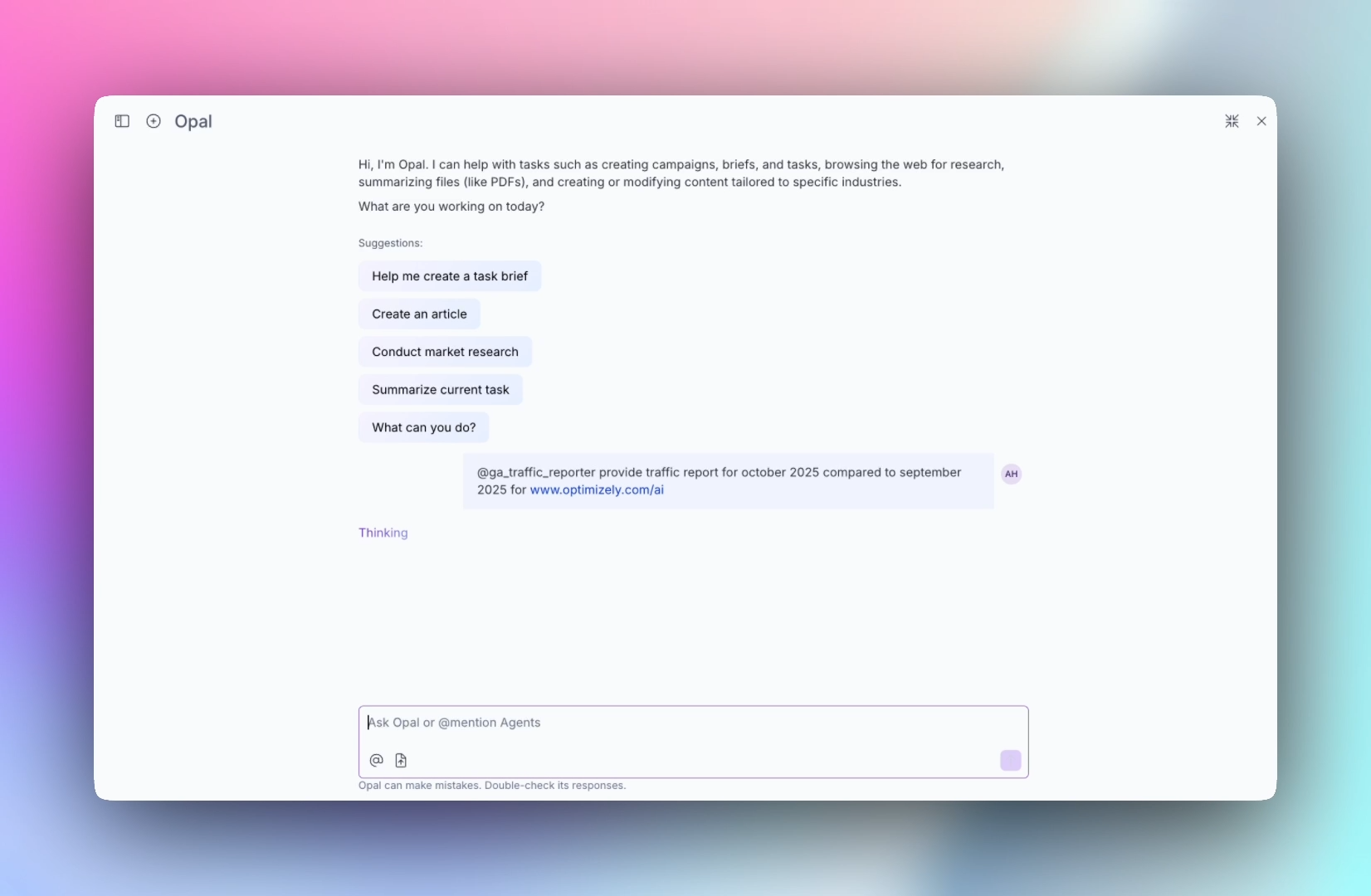 Optimizely's Opal AI assistant chat interface with suggested tasks.