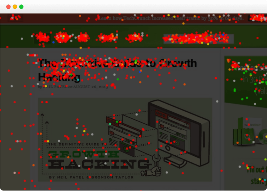 Crazy Egg confetti heatmap with red and green click dots scattered across a dark webpage.