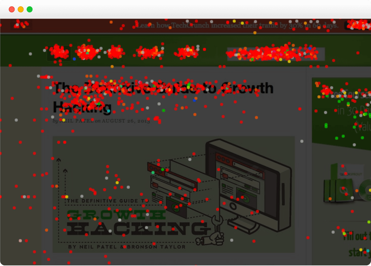 Crazy Egg confetti heatmap with red and green click dots scattered across a dark webpage.