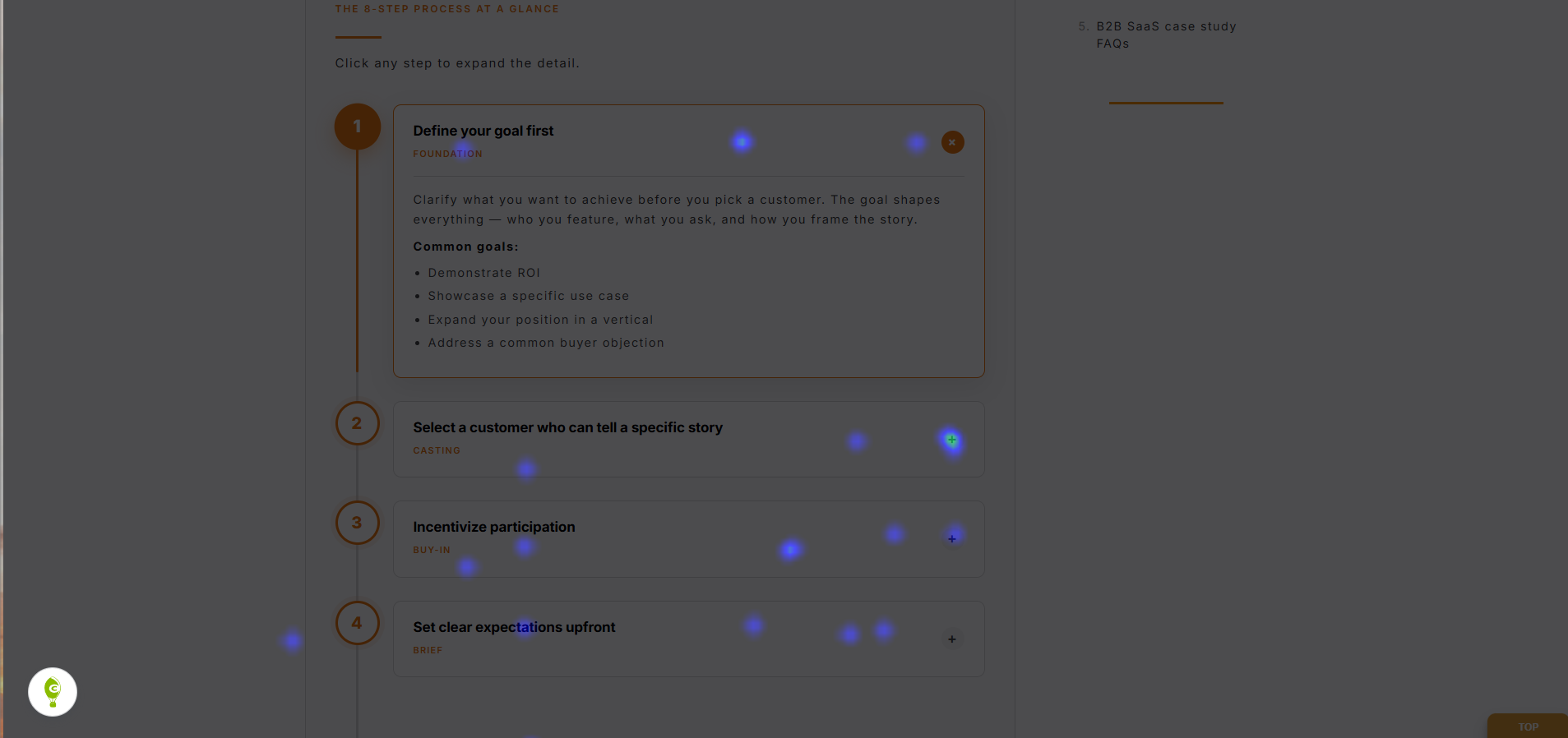 Crazy Egg click heatmap on a blog post with blue dot click indicators.