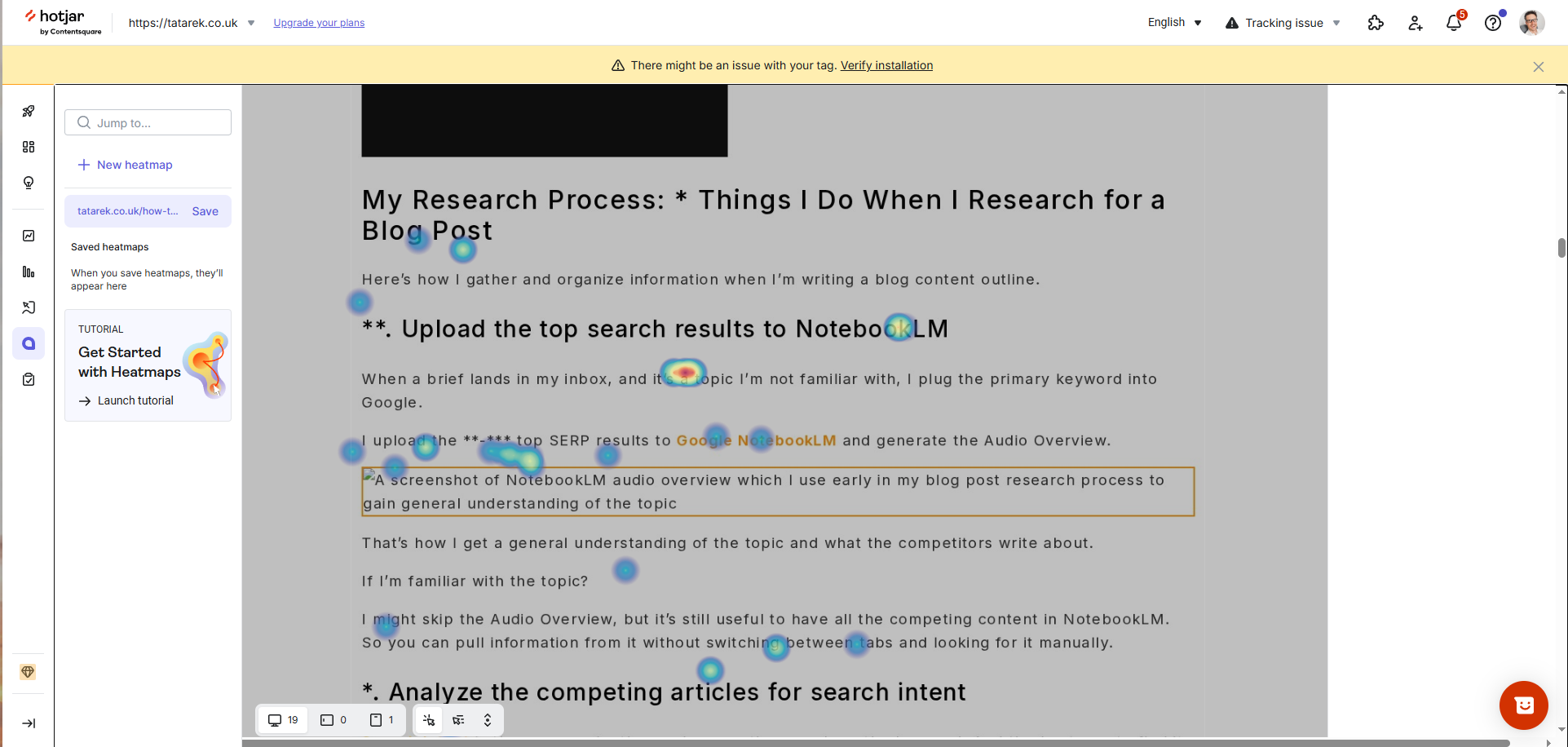 Session recording overlay on a blog post about the content research process.