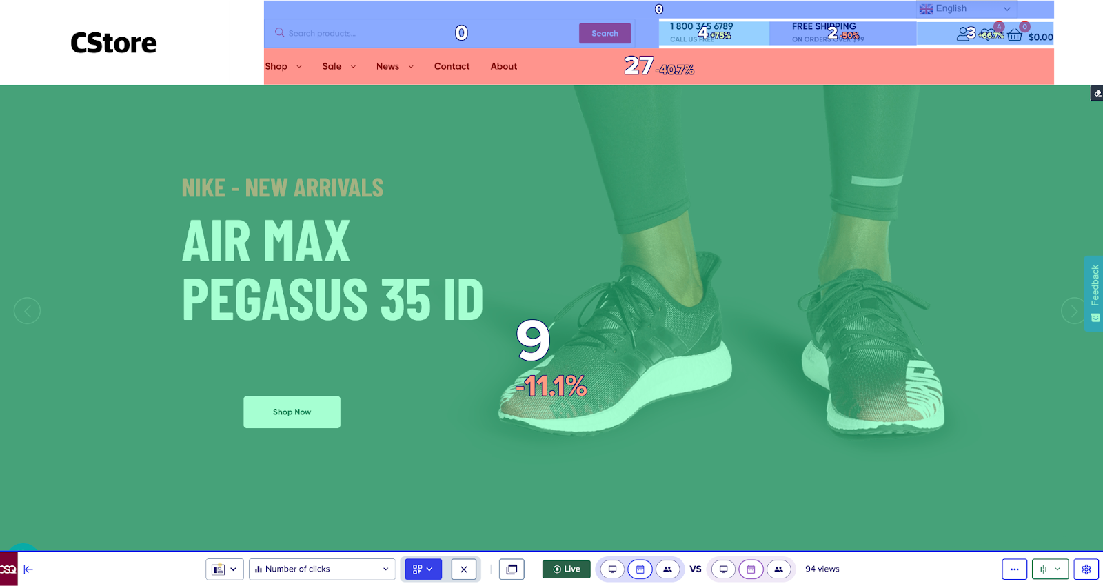 Click map on a Nike Air Max product page showing click frequency on a retail site.