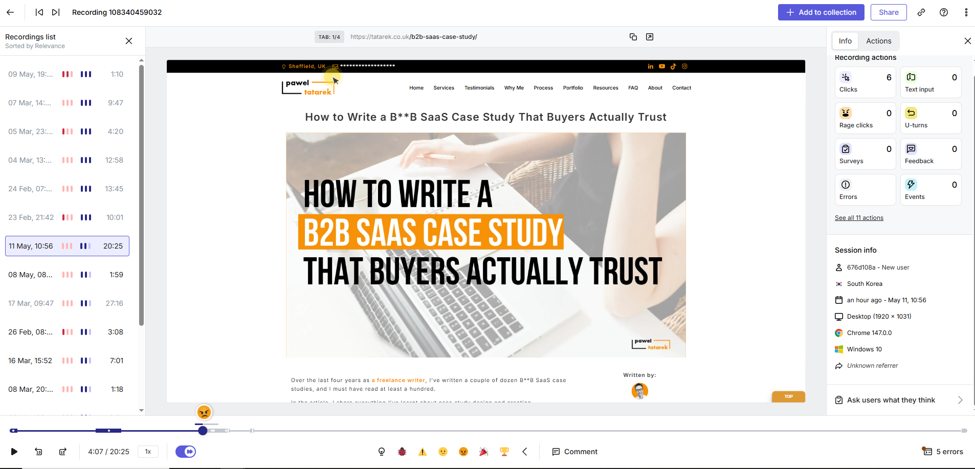 Contentsquare session recording list showing a B2B SaaS blog post with visitor timeline sidebar.