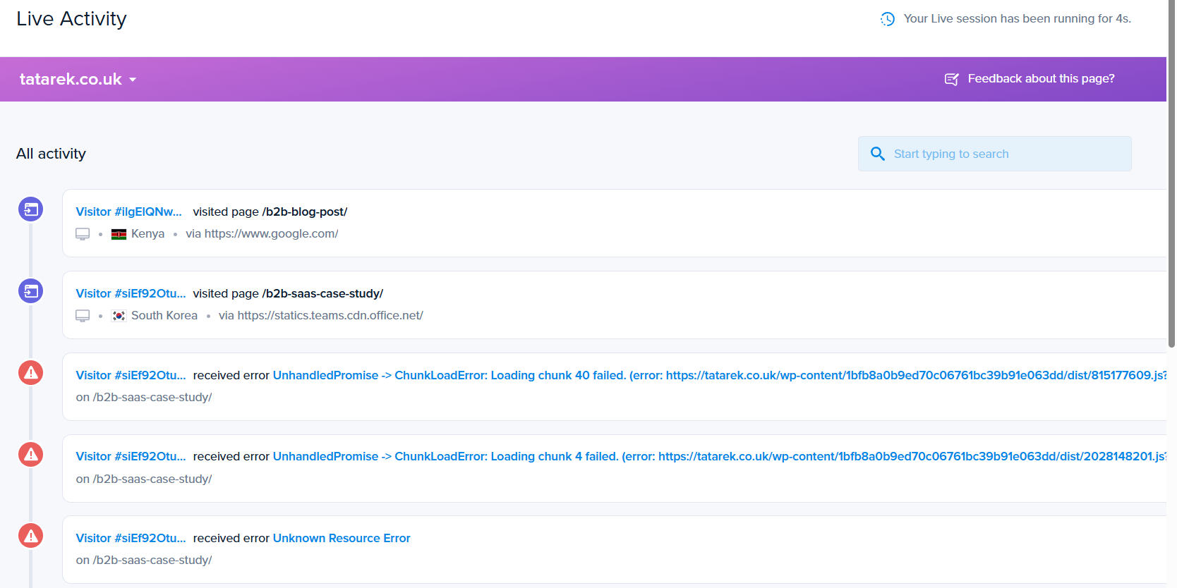 Live activity feed showing real-time visitor page views and JavaScript errors.