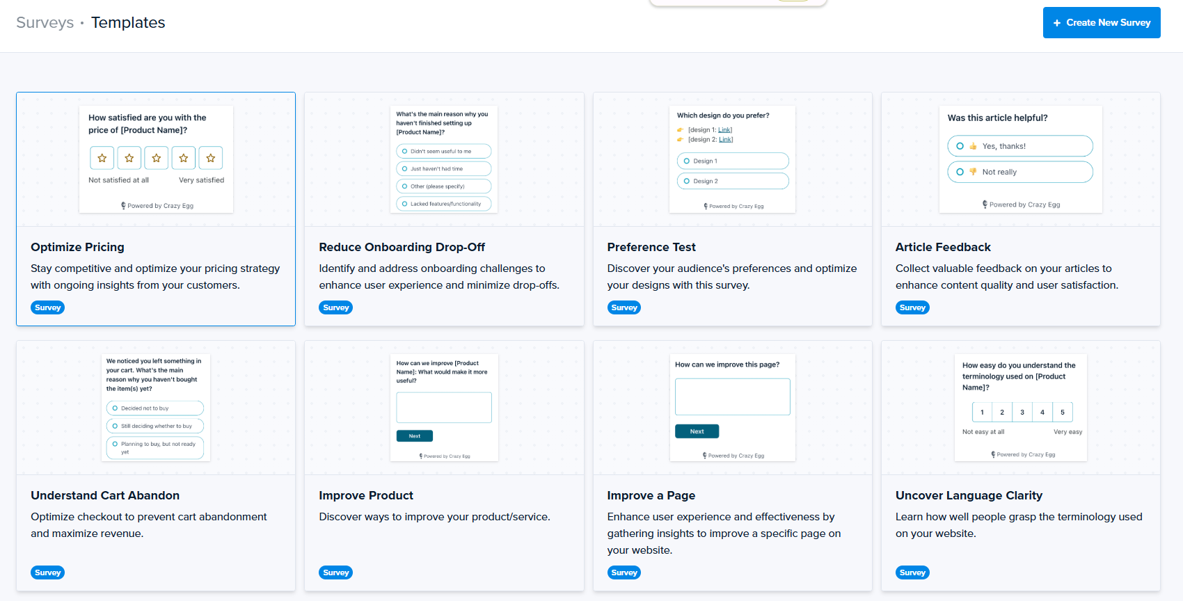 Crazy Egg survey template library with options for pricing, onboarding, and cart abandonment.
