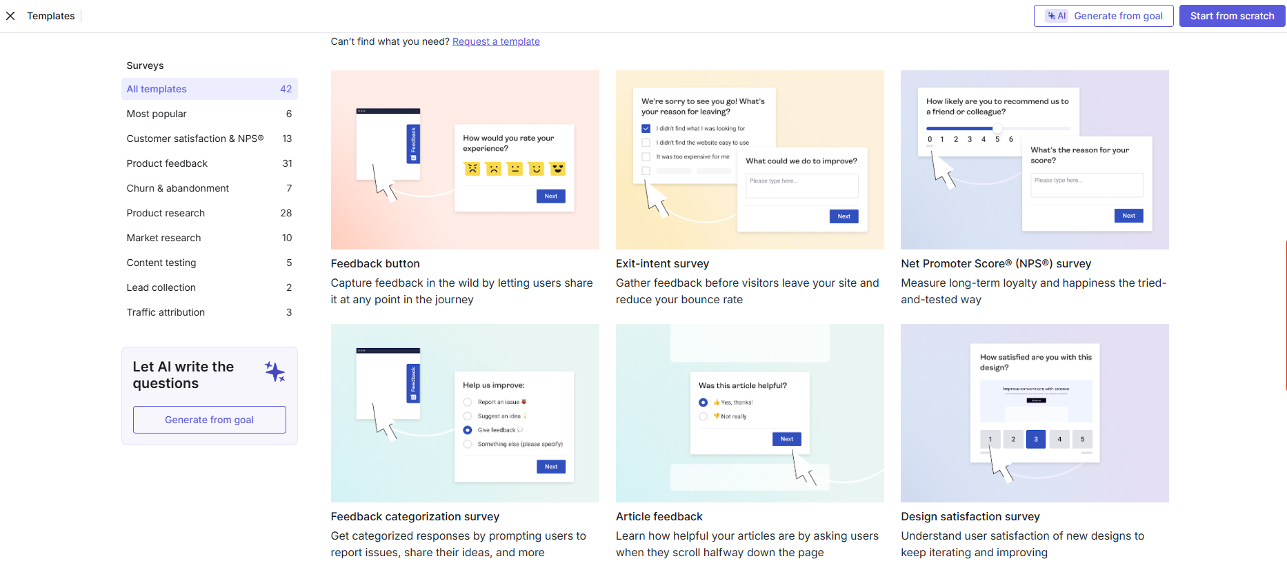 Contentsquare survey templates library showing feedback button, exit-intent, and NPS survey options.