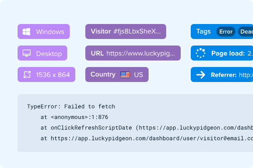 Session recording showing visitor metadata and a JavaScript TypeError in the console.