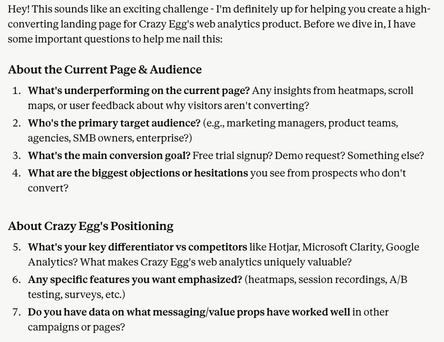 Conversational AI prompt asking clarifying questions about Crazy Egg's current page, audience, and positioning.