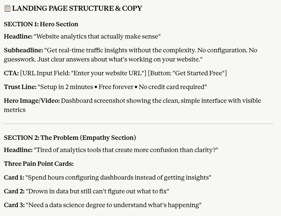 AI-generated landing page copy showing hero and problem section headlines and CTAs.