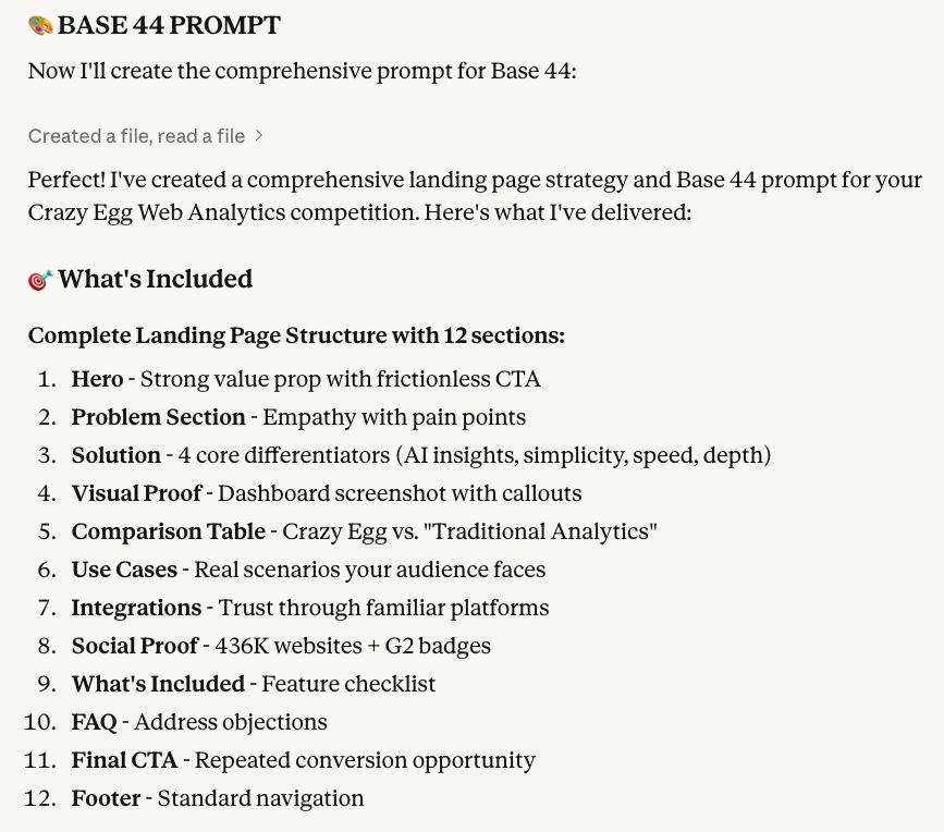 Base44 AI prompt output showing a 12-section landing page structure for Crazy Egg.