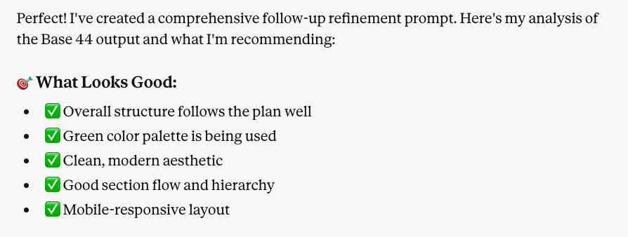 AI feedback summary listing five positive elements of the Base44 landing page output.