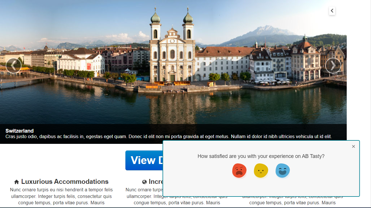 AB Tasty satisfaction survey widget displayed on a travel website.
