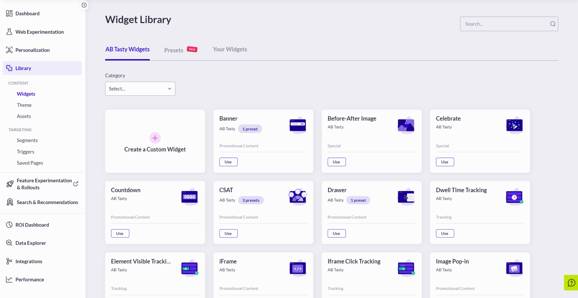 AB Tasty widget library showing available content and tracking widgets.