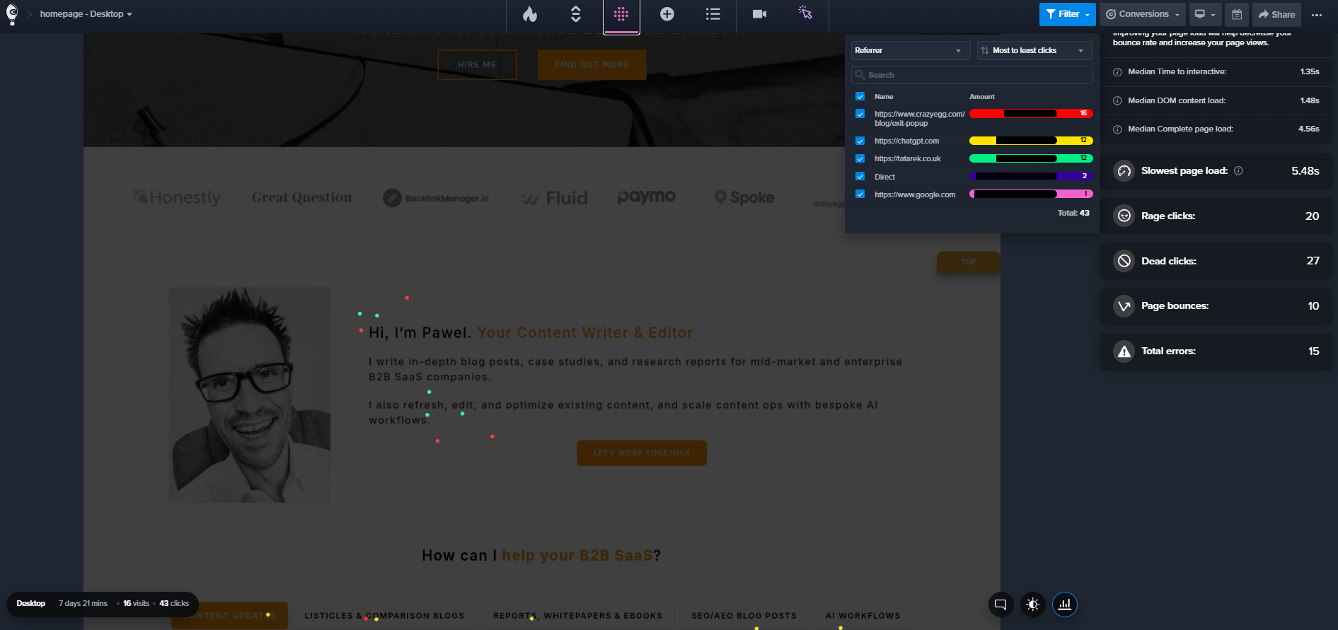 Crazy Egg example showing over a writers website.
