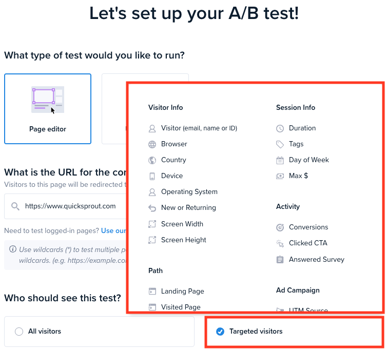 Screenshot of the A/B Test creator in Crazy Egg, with audience segments available for targeting highlighted.