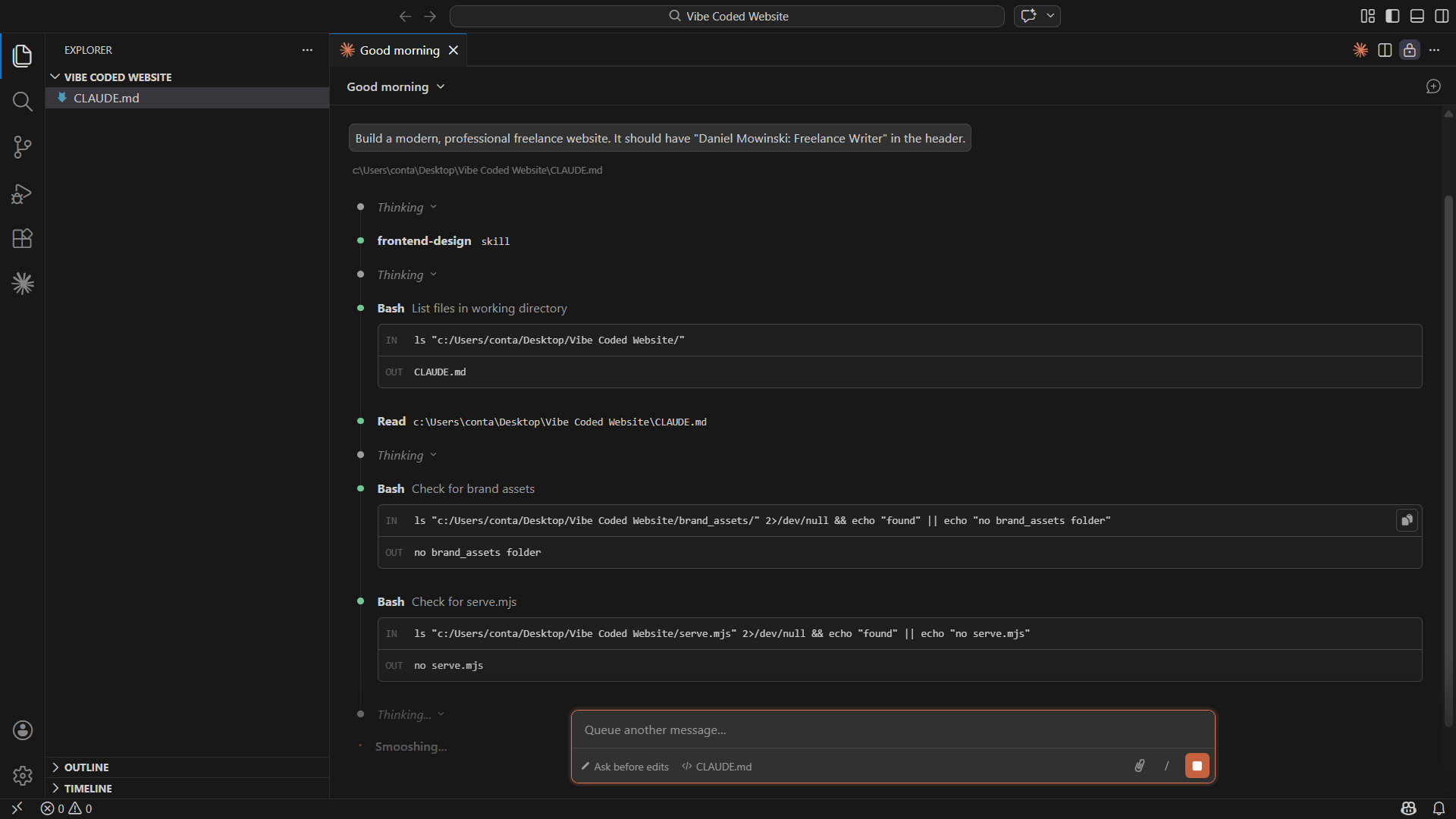 Claude Code interface in VS Code building a freelance writer website for Daniel Mowinski using the frontend-design skill.