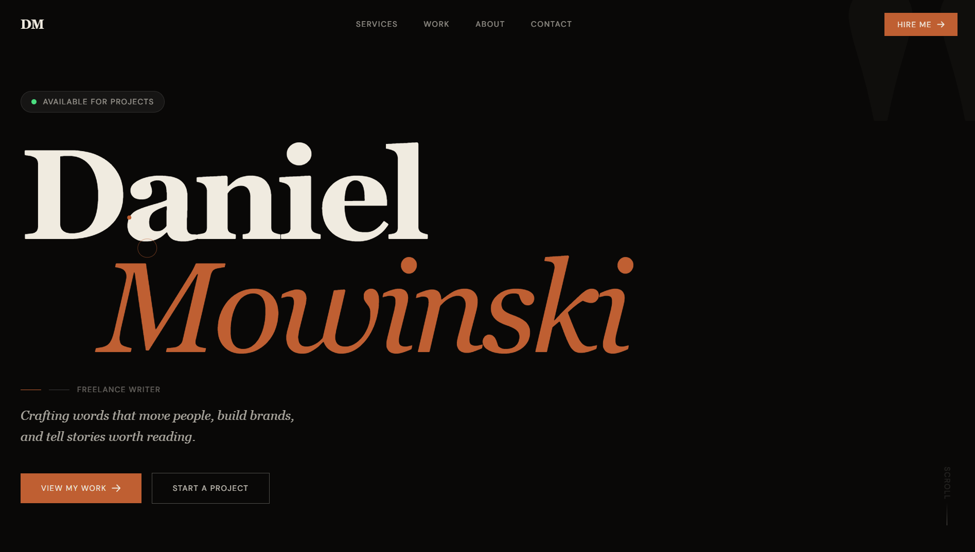 Daniel Mowinski freelance writer portfolio website built with Claude Code, featuring bold typography and dark design.