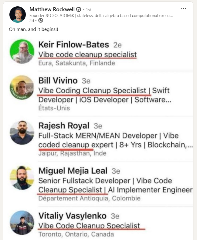 LinkedIn screenshot shared by Matthew Rockwell showing developers adding vibe code cleanup specialist to their profiles.