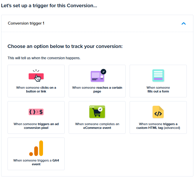 Conversion trigger setup screen with 7 options including button click, page reach, form fill, ad pixel, eCommerce event, HTML tag, and GA4 event.