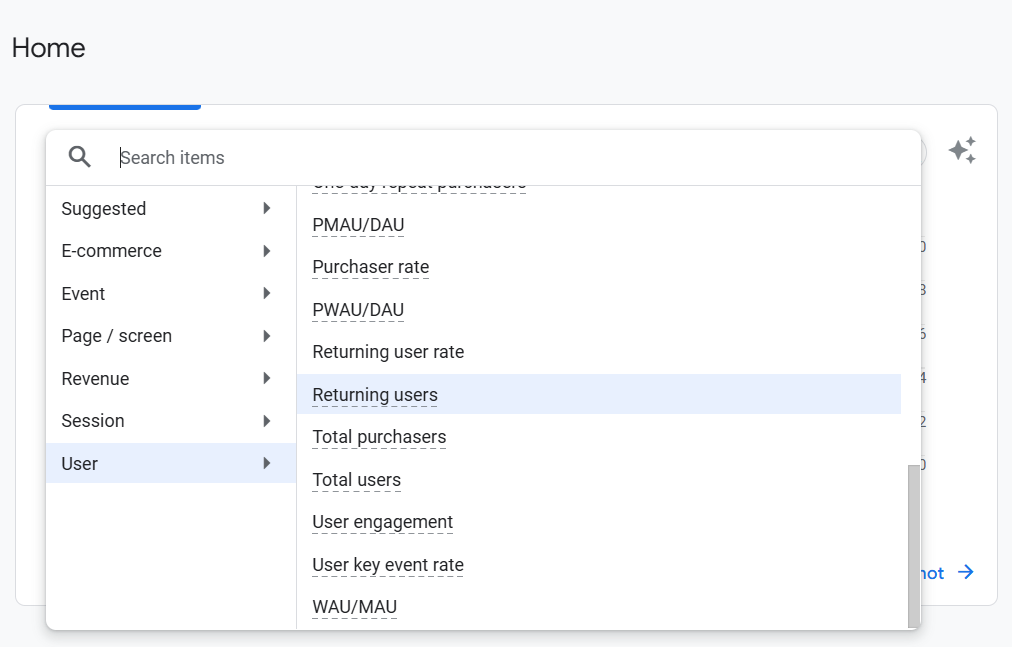Google Analytics 4 User metrics dropdown menu showing options including returning users, total users, user engagement, and WAU/MAU.