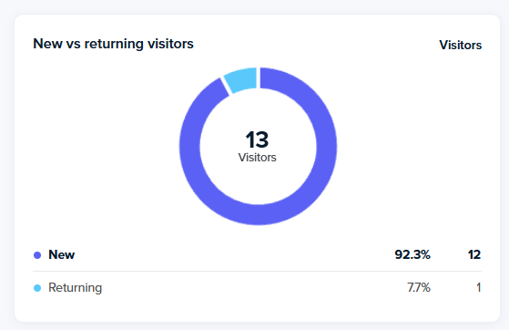 Donut chart showing 13 total visitors split 92.3% new (12) and 7.7% returning (1).