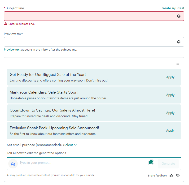 Email subject line editor with AI-generated subject line suggestions and A/B test option.