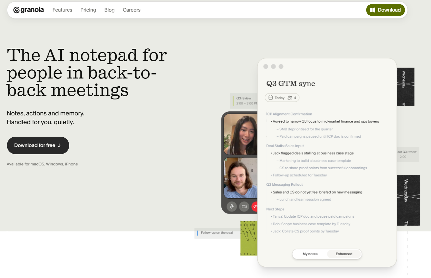 Granola AI notepad homepage showing the app interface with meeting notes and action items.