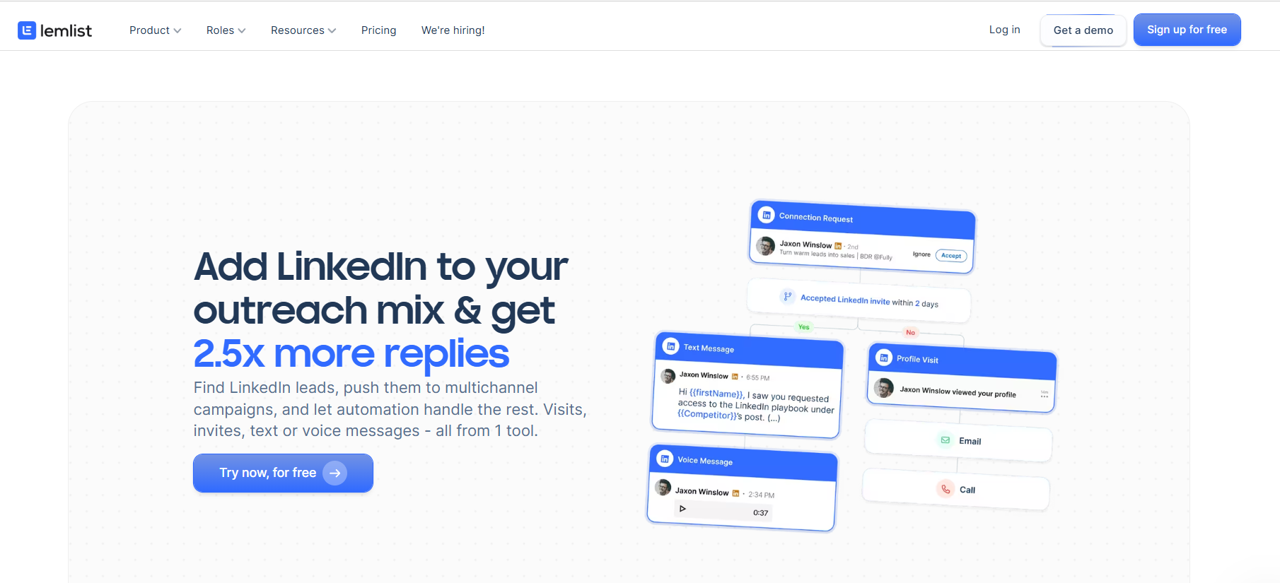 Lemlist homepage promoting LinkedIn outreach integration for 2.5x more replies.
