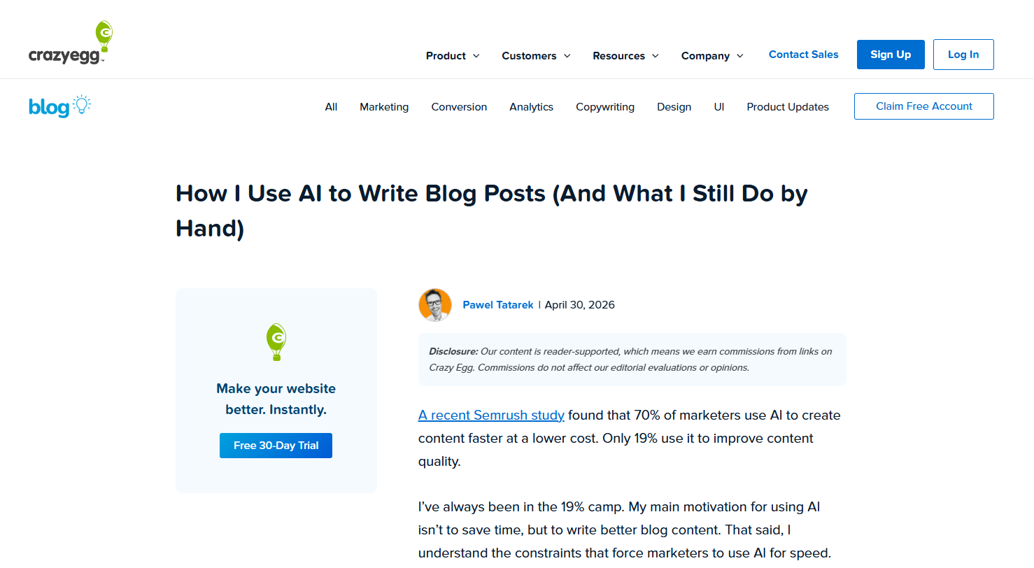 Crazy Egg blog post "How I Use AI to Write Blog Posts (And What I Still Do by Hand)" by Pawel Tatarek.