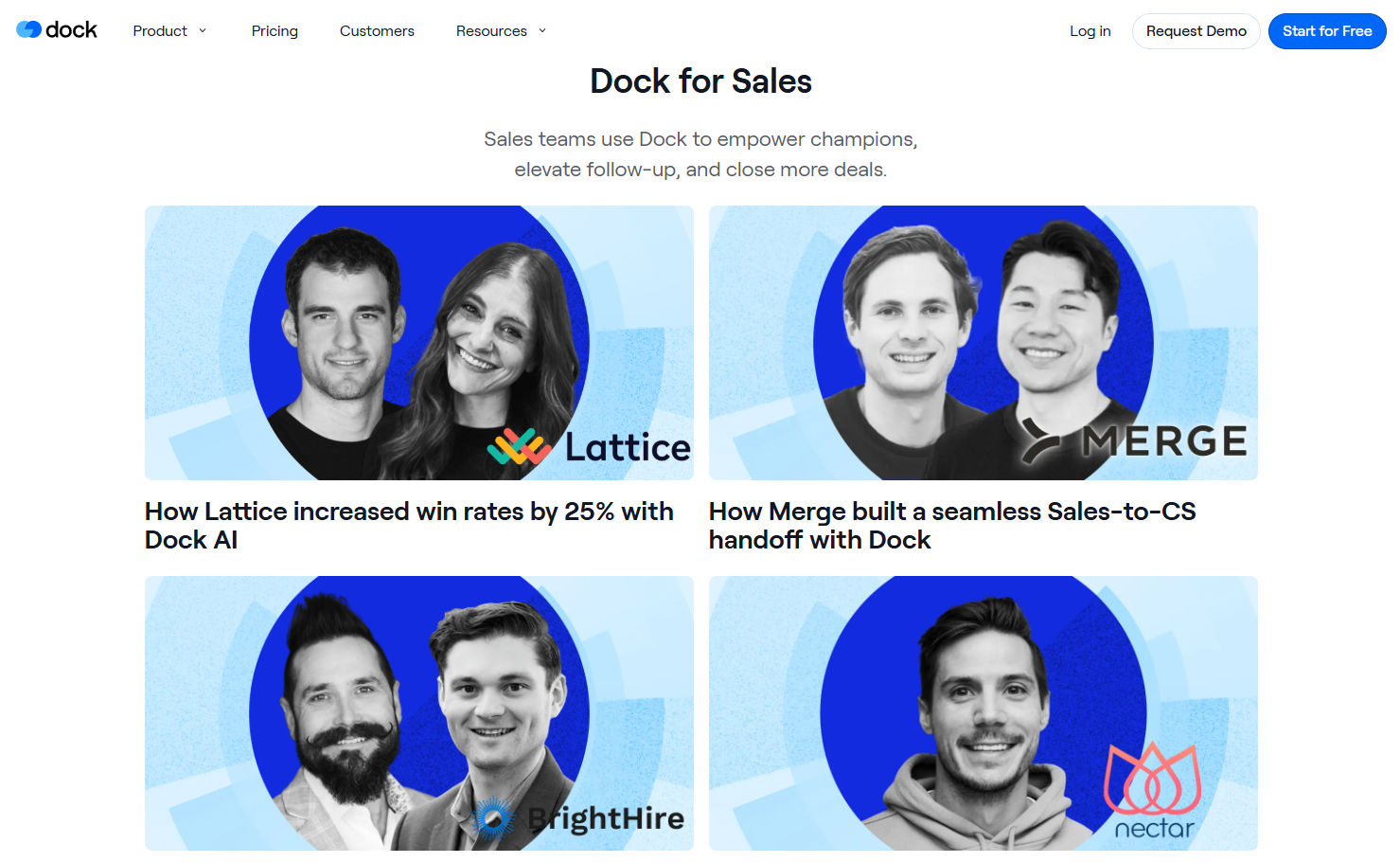 Dock for Sales customer stories page featuring Lattice, Merge, BrightHire, and Nector case studies