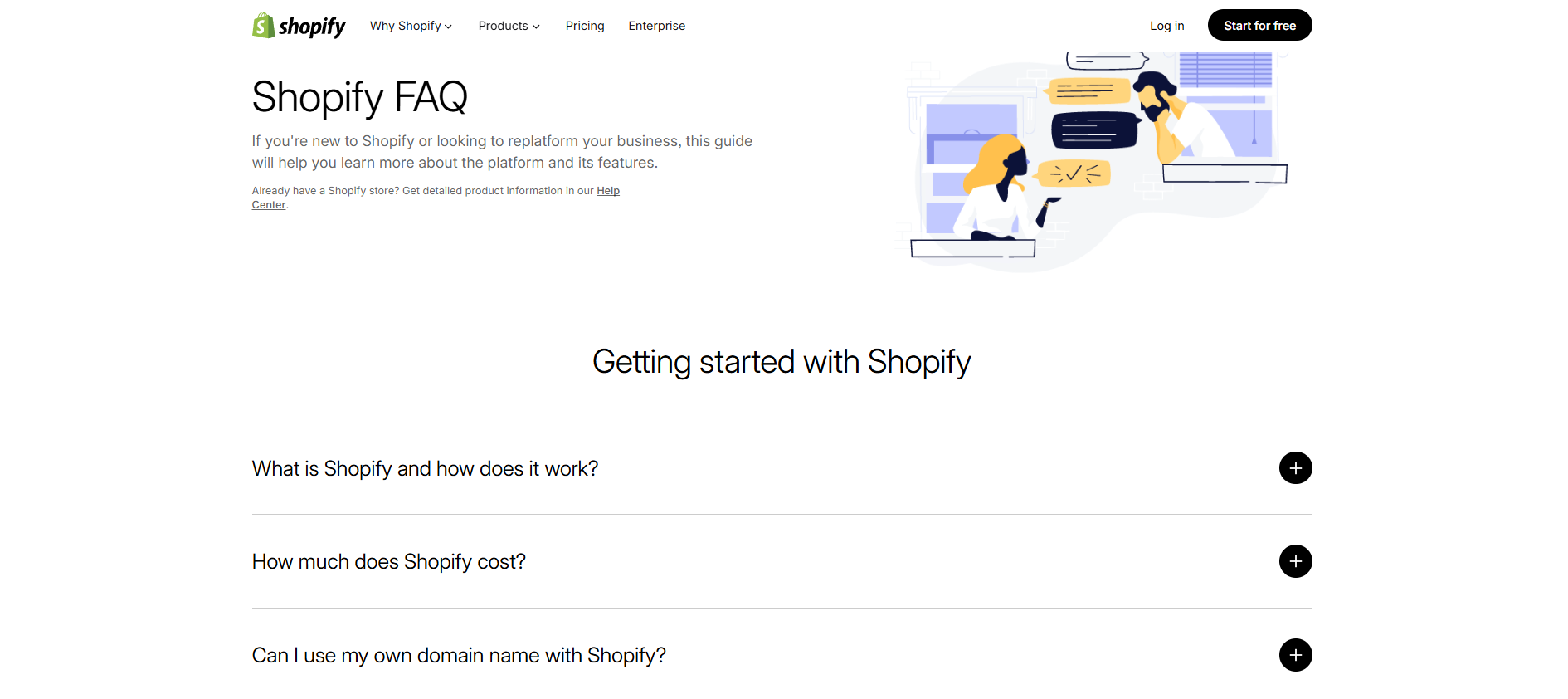 Shopify FAQ page with accordion-style questions about getting started with the platform