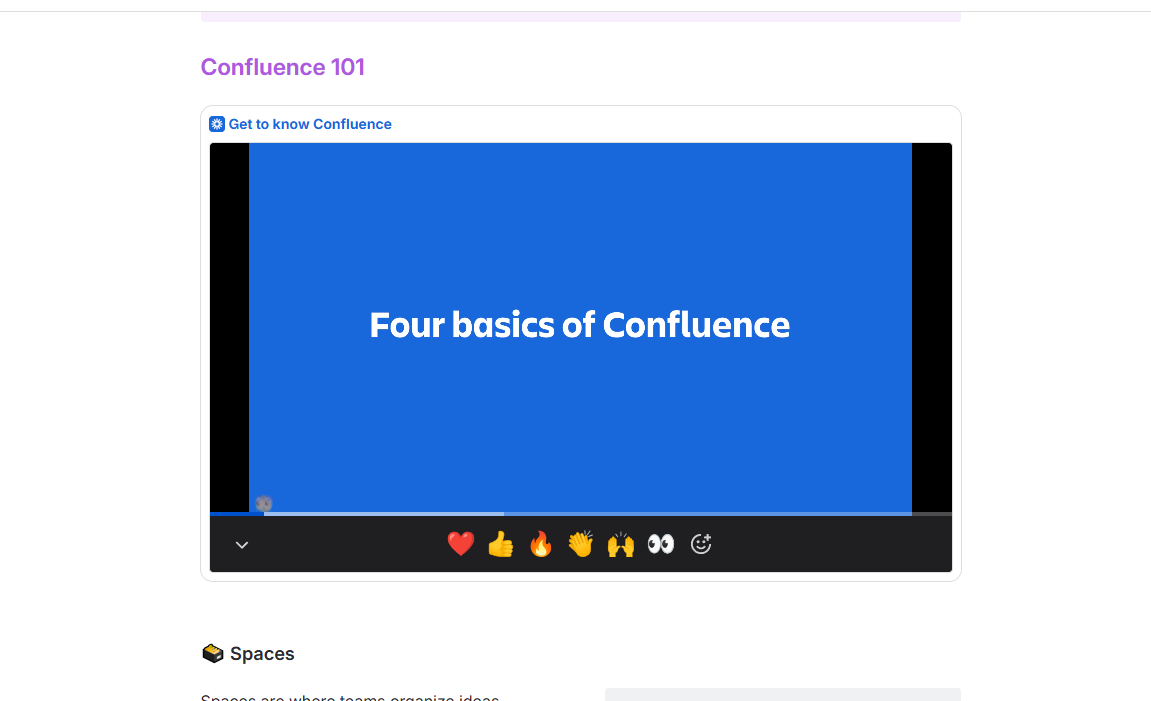 Confluence 101 onboarding page with embedded "Four basics of Confluence" tutorial video