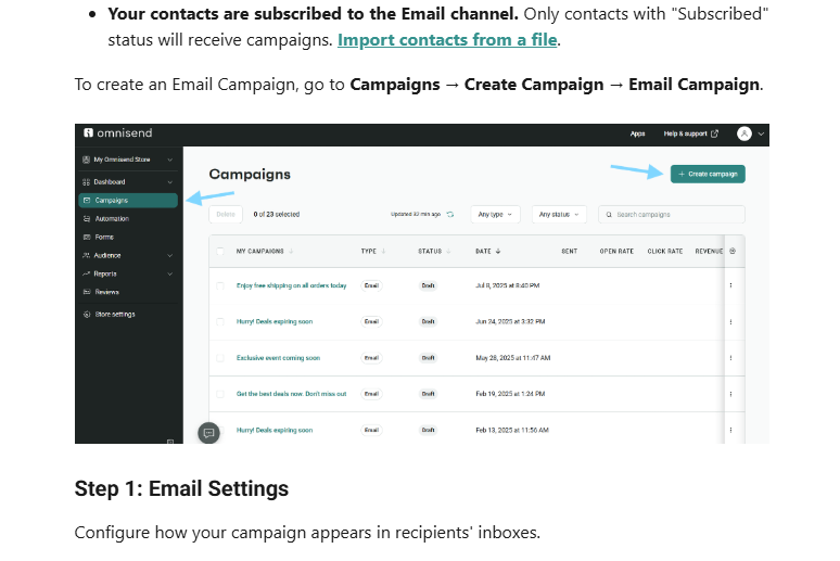 Omnisend dashboard showing the Campaigns list with a "Create Campaign" button highlighted