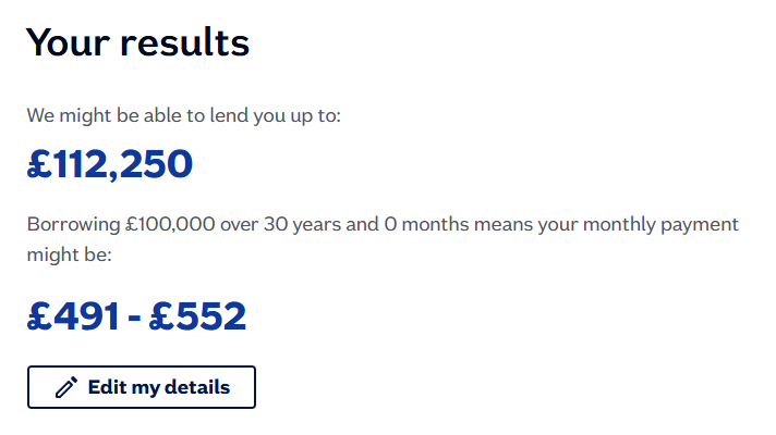 Mortgage calculator results showing a maximum loan of ยฃ112,250 and estimated monthly payments