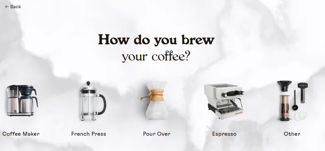 E-commerce quiz asking "How do you brew your coffee?" with options for Coffee Maker, French Press, Pour Over, Espresso, and Other