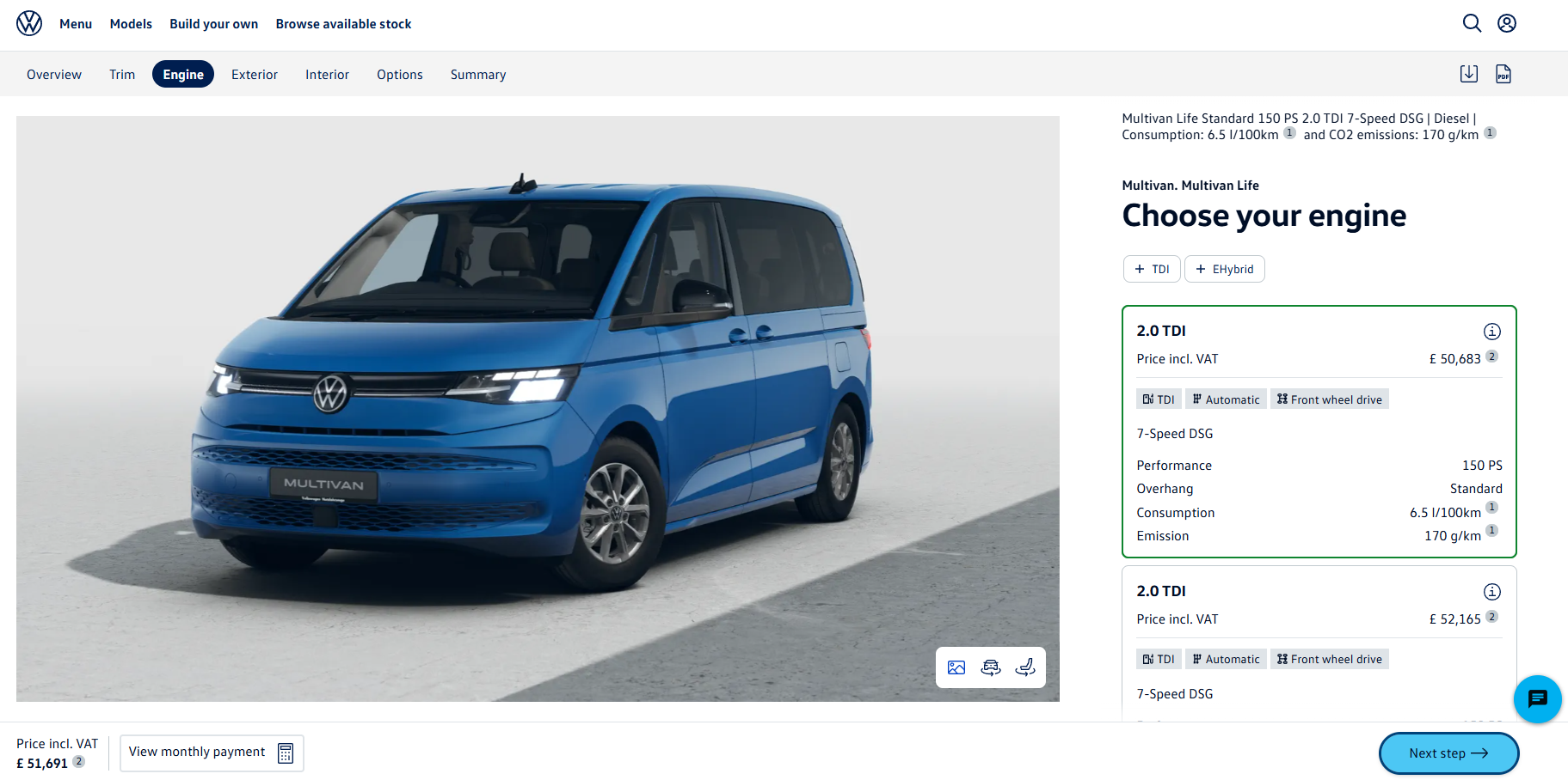Volkswagen Multivan Life engine configuration page showing 2.0 TDI options and pricing