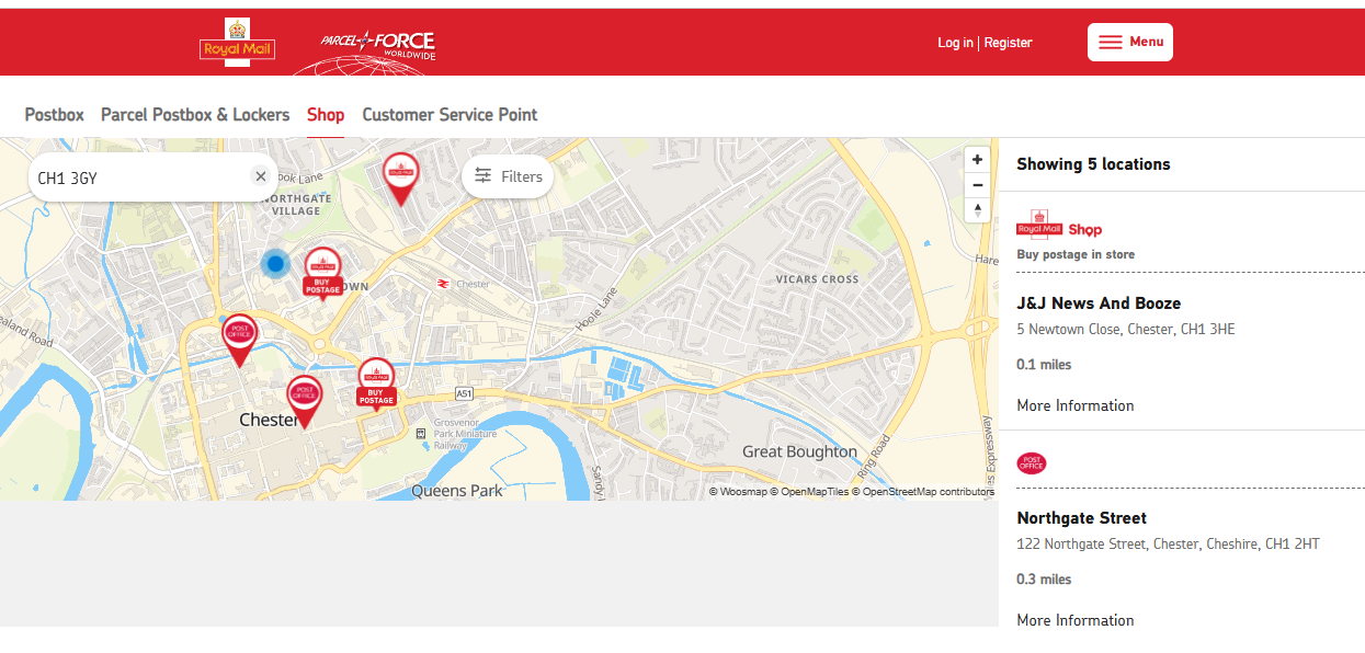 Royal Mail Parcelforce store locator map showing nearby locations in a UK town