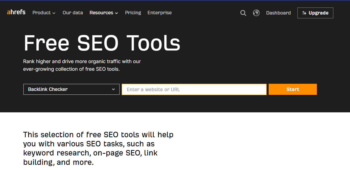 Ahrefs Free SEO Tools page with a Backlink Checker input and description of available tools
