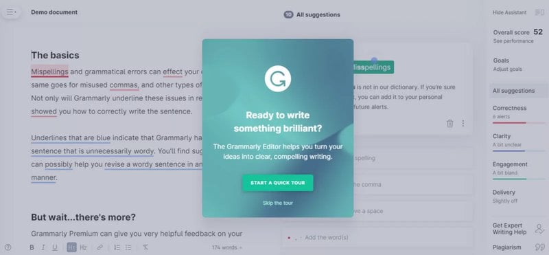 Grammarly editor interface with a document open and the "Ready to write something brilliant?" onboarding modal