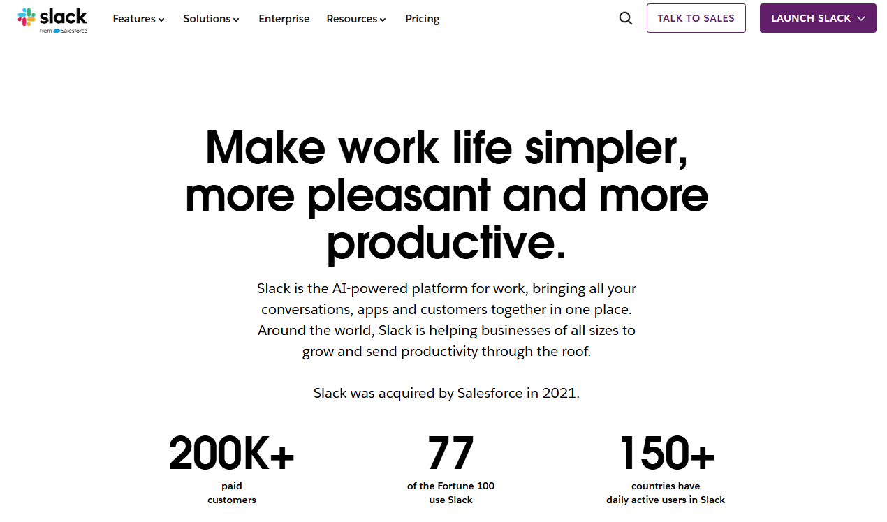 Slack homepage hero section with tagline "Make work life simpler, more pleasant and more productive" and key stats